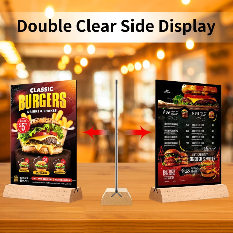 DunGu Acrylic Sign Holder 4 x 6 - Wedding Table Number Holder with Wood Base  Double Sided Picture Frames  6Pack Clear Table Menu Display Stand for Centerpiece Decoration Party Restaurants Office Store - Image 3